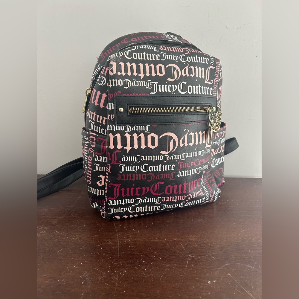 Juicy Couture Black and Pink Logo Print Mini Backpack with gold chain